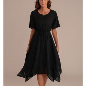 Black Short Sleeve Asymmetrical Hem Midi